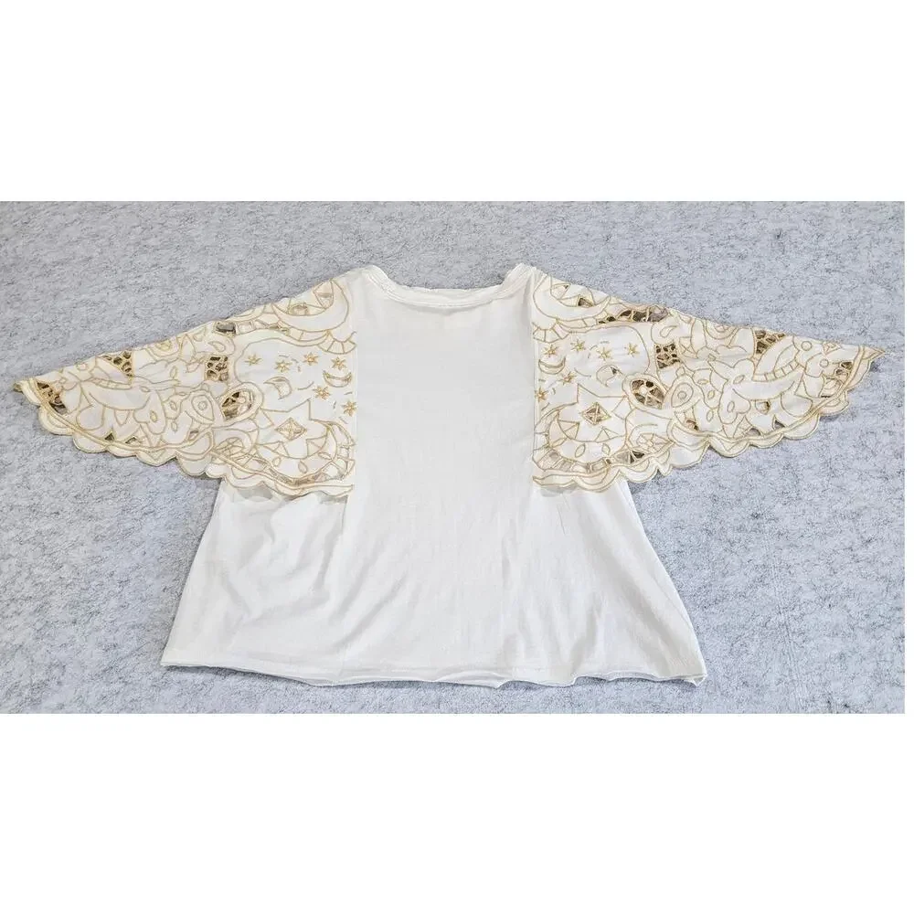 Free People Angel Tee in Ivory, Embroidered Flutter Angelic Sleeves, Sz S, NEW